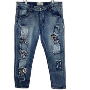 Akademics Jeanius Mens Jeans Patches Skater Rave Streetwear Straight Y2K 38 x 29